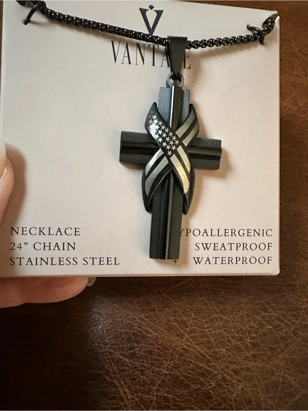 Vantage Black Stainless Steel Men's Cross Necklace with Flag Accent